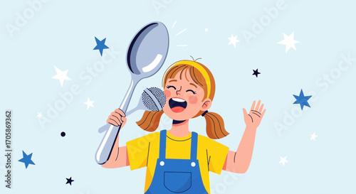 Child Singing Passionately a Song Holding a Giant Spoon and Microphone Enjoying Music