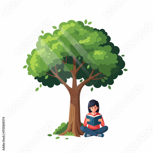 A young woman sits peacefully under a large green tree, engrossed in reading a book with sunbeams shining through the leaves.
