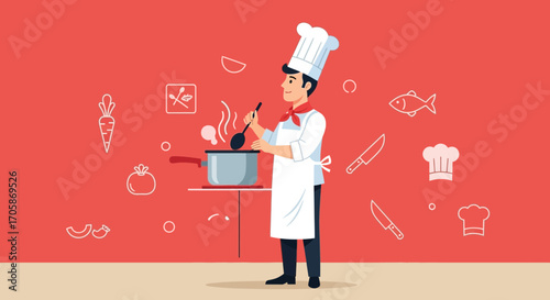 Chef Cooking A Meal In Kitchen With Minimalist Illustration and Red Background
