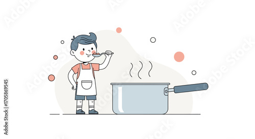 Child Tastes Food From Cooking Pot in Kitchen Cartoon Illustration