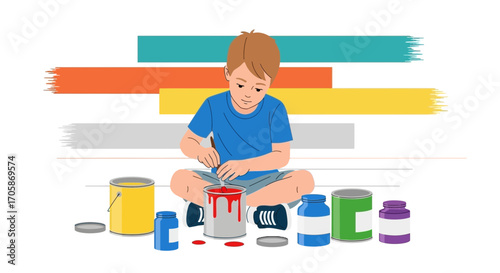 Childhood Creativity: A Young Artist Painting Vibrant Colors with Paint and Expression
