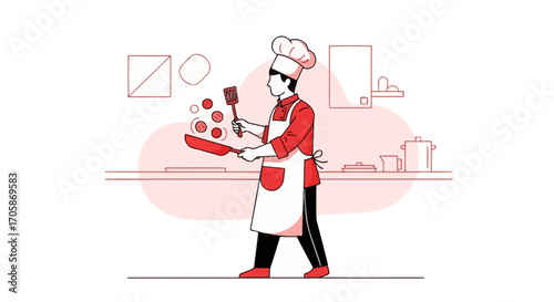Chef Cooking Food in the Kitchen with Modern Minimalist and Flat Illustration