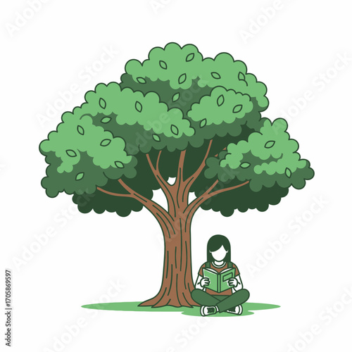 Illustration of a woman reading a book under a tree.