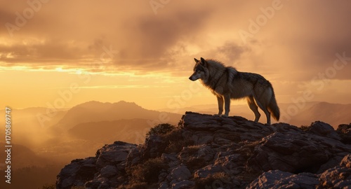 Wolf on a rocky peak surveys vast mountain landscape at sunset