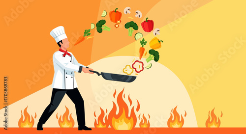 Chef Cooking With Vegetables, Colorful Food Illustration With Delicious Culinary Elements