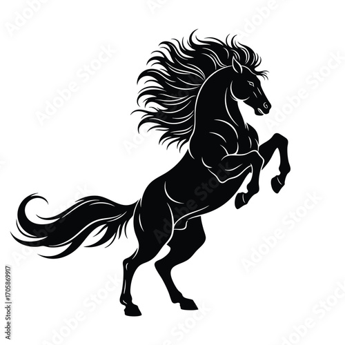 Powerful black stallion silhouette rearing up with a long flowing mane and tail.