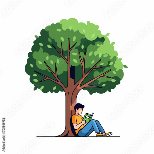 A person is sitting under a tree, reading a book, enjoying the shade and tranquility.