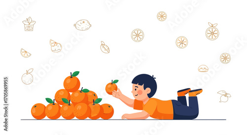 Child's Delight: Orange Orchard, Playful Joy and Citrus Fruit Graphics in Illustration