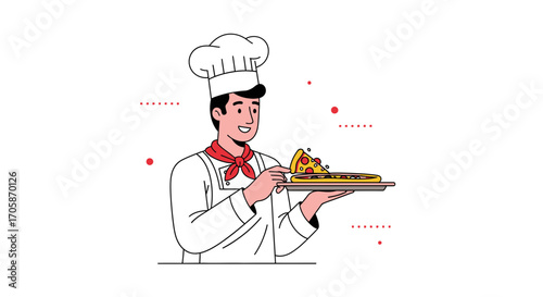 Chef Delivering Fresh Pizza Offering a Slice, Presentation on Tray, Culinary Delight