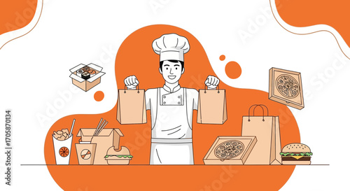 Chef Delivering Food Order: Illustration Depicting Restaurant Delivery Service With Various Meals