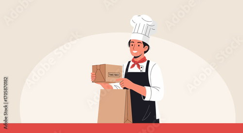 Chef Delivering Takeaway Order From Restaurant Restaurant Culinary Scene Food Delivery Concept