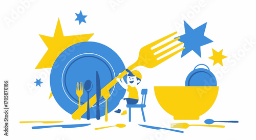 Child's Playful Mealtime: A Whimsical Illustration of Fun and Culinary Adventures