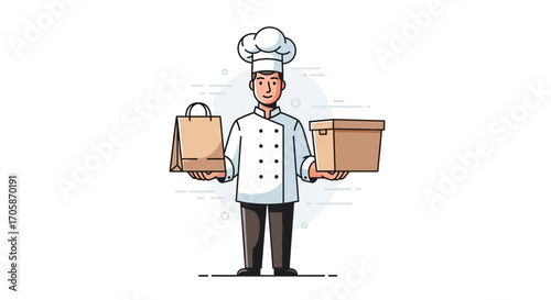 Chef Delivers Food Package and Bag with Restaurant Ready Meal for Customers