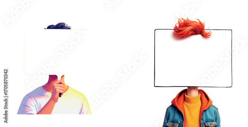 People hiding their faces holding blank signs