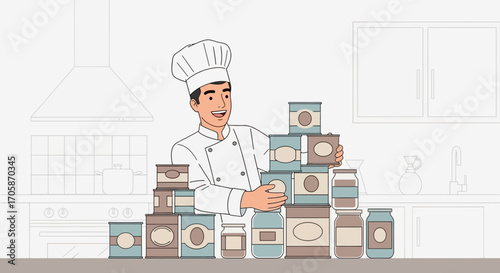 Chef Displaying Assortment Of Preserved Foods And Canned Goods In Kitchen Setting