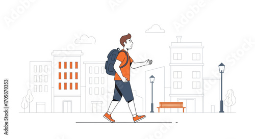 City Explorer: Animated Young Man Backpacking Amidst Urban Architectural Landscape