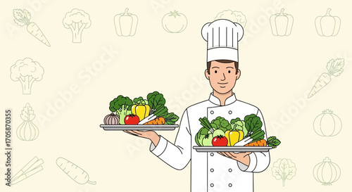 Chef Displaying Variety Of Vegetables On Trays, Representing Culinary Excellence And Freshness