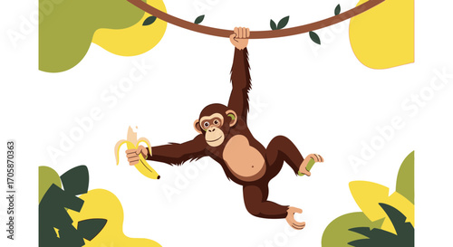 Chimpanzee Swinging On Vine, Holding Banana, With Surrounding Tropical Foliage