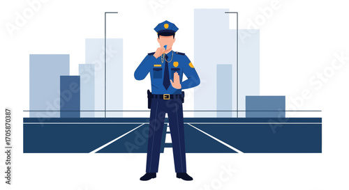 City Sentinel Directing Traffic on Urban Thoroughfare with Whistle Alert and Hand Gesture