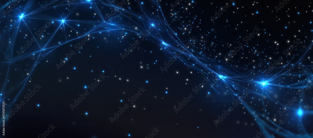 Fototapeta premium Abstract blue-glowing lines and stars float against a dark background, creating a futuristic, interconnected network visual