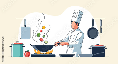 Chef Frying Fresh Vegetables In A Wok Illustrating Culinary Expertise And Kitchen Scene