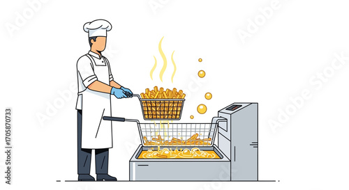 Chef Fryer Preparing Golden French Fries; A Culinary Illustration for Food and Restaurant