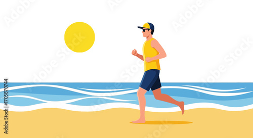 Coastal Runner Enjoys The Seaside Sunrise During Exercise, Running On Sandy Shoreline