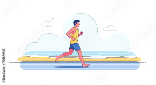 Coastal Runner Enjoying Morning Exercise With Bare Feet, Energetic Fitness and Healthy Lifestyle