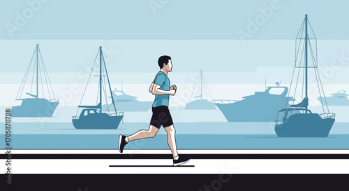 Coastal Runner: Man Jogging by the Sea With Various Sailboats in the Distance
