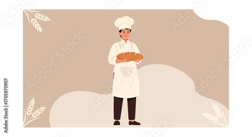 Chef Holding Freshly Baked Loaf Of Bread With Artistic Wheat Background