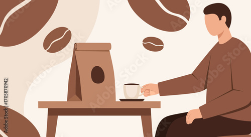 Coffee Lover Enjoying Beverage With Coffee Beans And Freshly Ground Roasted Coffee