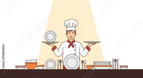 Chef Holding Plates Presenting Dishes on a Kitchen Counter in Minimalist Style