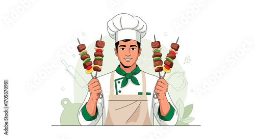 Chef Holding Skewers Of Grilled Meat And Vegetables With A Smiling Expression