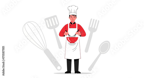 Chef In Action, Performing Culinary Tasks, Surrounded By Kitchen Utensils, Modern Design