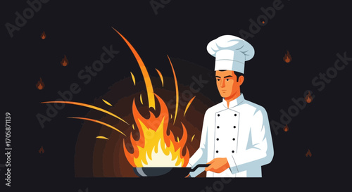 Chef in Culinary Act: Igniting Flames, Mastering Cuisine and Delicious Cooking, Restaurant.