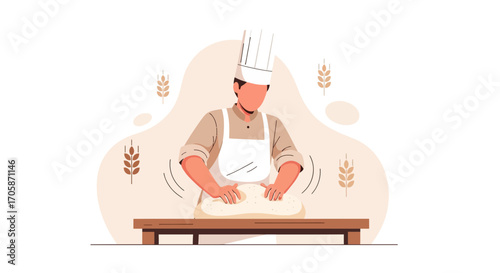 Chef In White Apron Kneading Wheat Dough on Wooden Table, Vector Illustration.