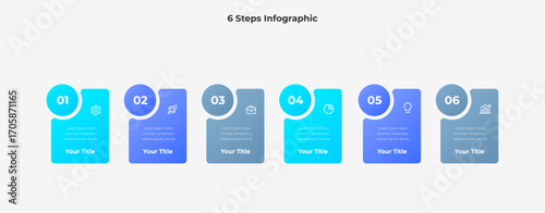 Gradient infographic with six sequential steps, featuring numbered sections and various icons representing workflow, process tracking, and progression