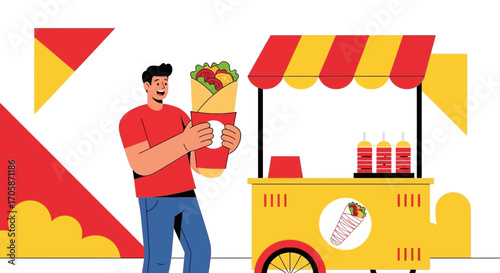 Colorful Illustration Of Man Buying Delicious Street Food From A Mobile Food Cart