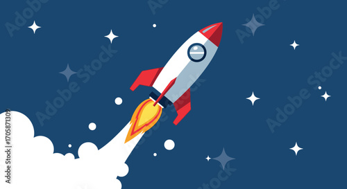Colorful Space Rocket Launching Amongst Stars in the Deep Blue Universe