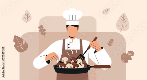 Chef Is Cooking Mushroom Dish With Leaves Elements In A Beige And Brown Color Scheme