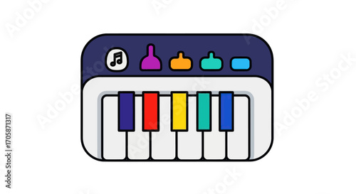 Colorful toy piano with musical notes and buttons.