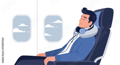 Comfortable Traveler Napping on Airplane Enjoying Serene Journey with Headphones and Clouds