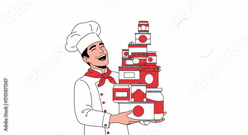 Chef Joyfully Displays Abundance Of Preserved Food Items With Culinary Enthusiasm