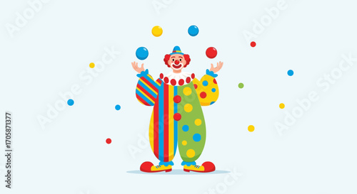 Comic Entertainer Juggling Colorful Spheres Against a Light Backdrop for Playful Expression