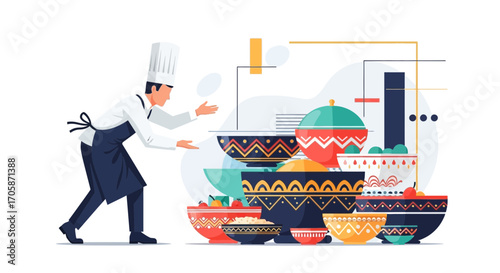 Chef Interacting With Colorful Bowls Of Delicious Food Preparing Culinary Delights