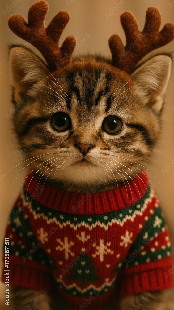 Fototapeta premium little cat wearing antlers and christmas sweater mobile wallpaper
