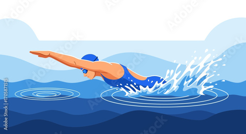 Competitive Swimmer Gliding Through Calm Water, Capturing The Essence Of Dynamic Aquatic Movement