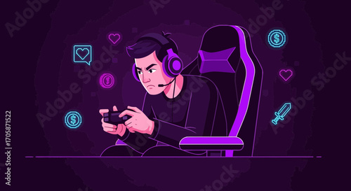 Competitive Gamer Immersed In Intense Gameplay Using Controller With Vibrant Accents