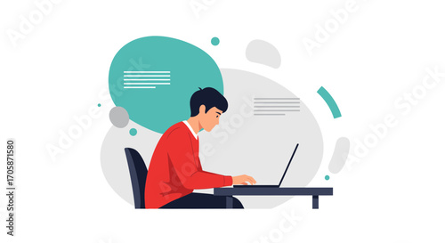 Concentrated Young Man Working At Desk With Modern Technological Gadget For Output