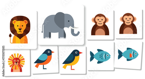 A set of childrens memory matching game cards featuring colorful stylized illustrations of various animals.